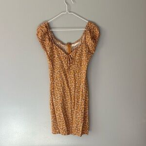 Aeropostale Dress XS Mustard Yellow.  Zip up back. White flowers. Tie in front.
